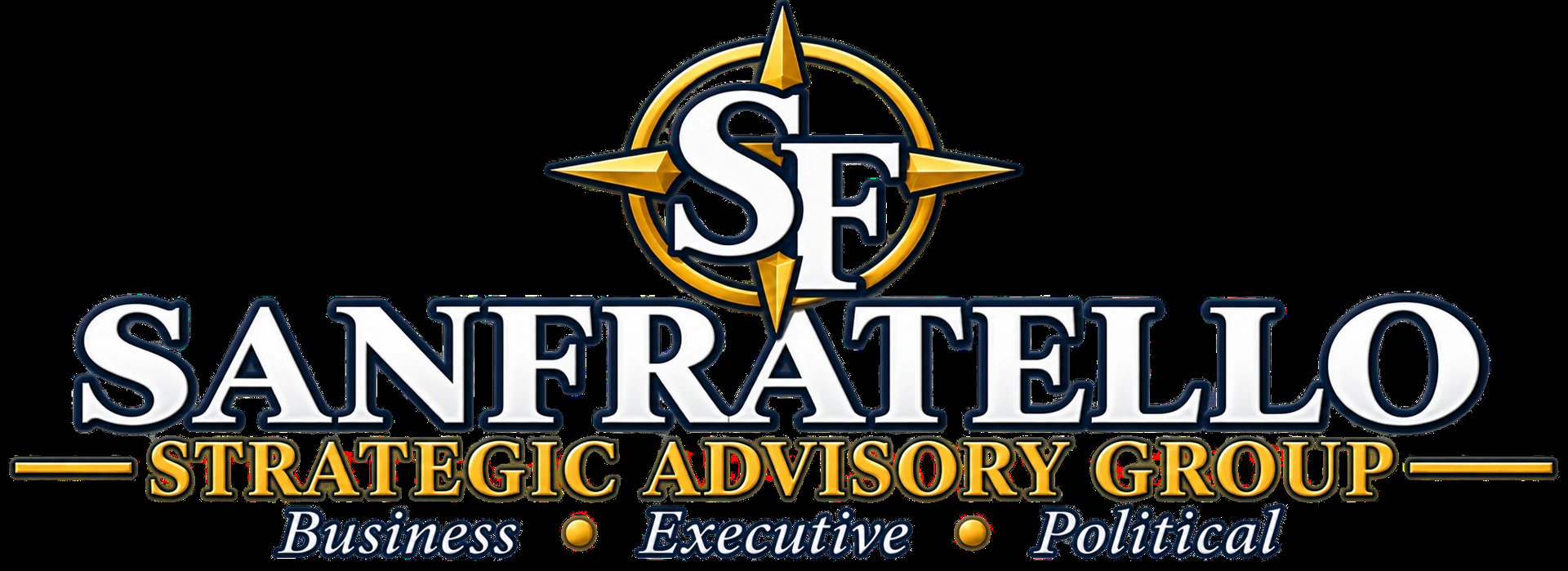 SanFratello Strategic Advisory Group logo with compass rose, gold text